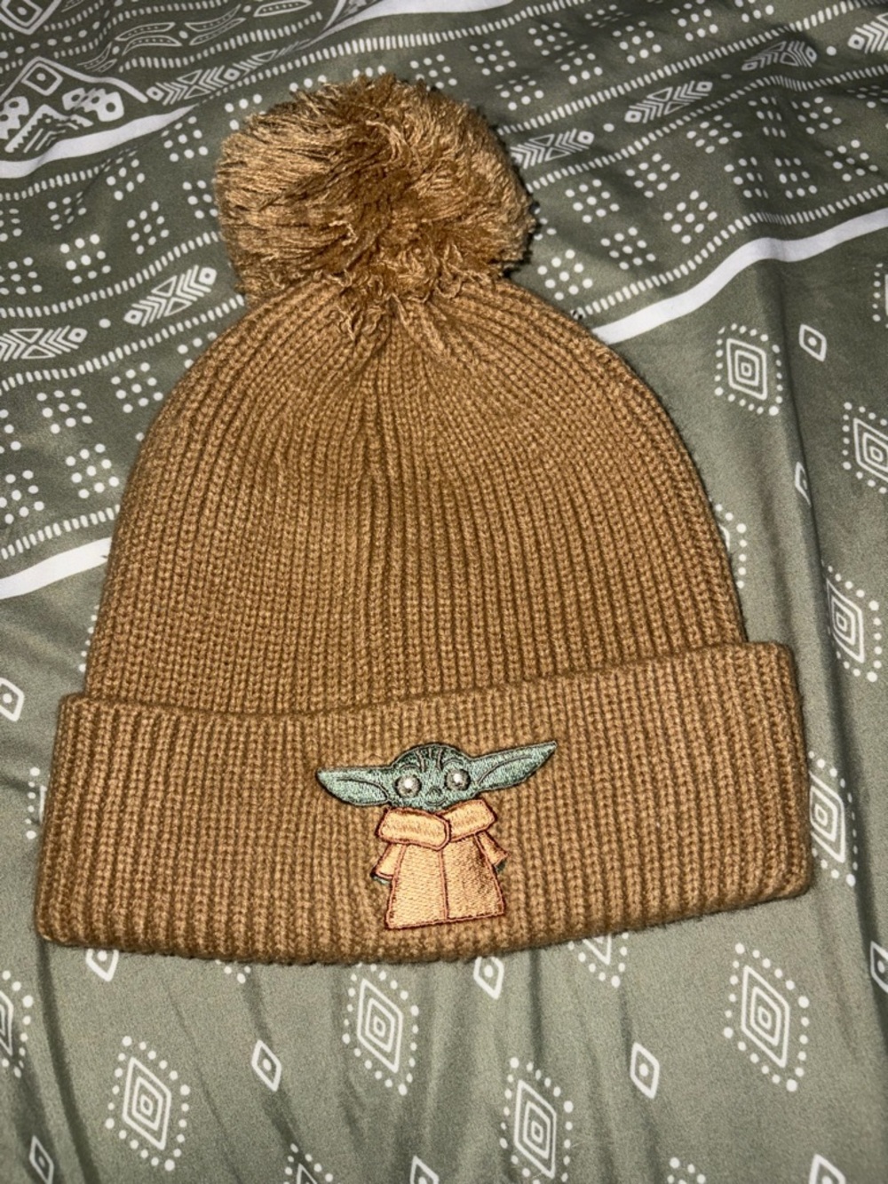 Star Wars Brown Pom Pom Beanie with Grogu Patch